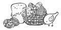 Easter sketch composition with basket, eggs, Easter cake and chicken. Hand drawn outline ink vector illustration